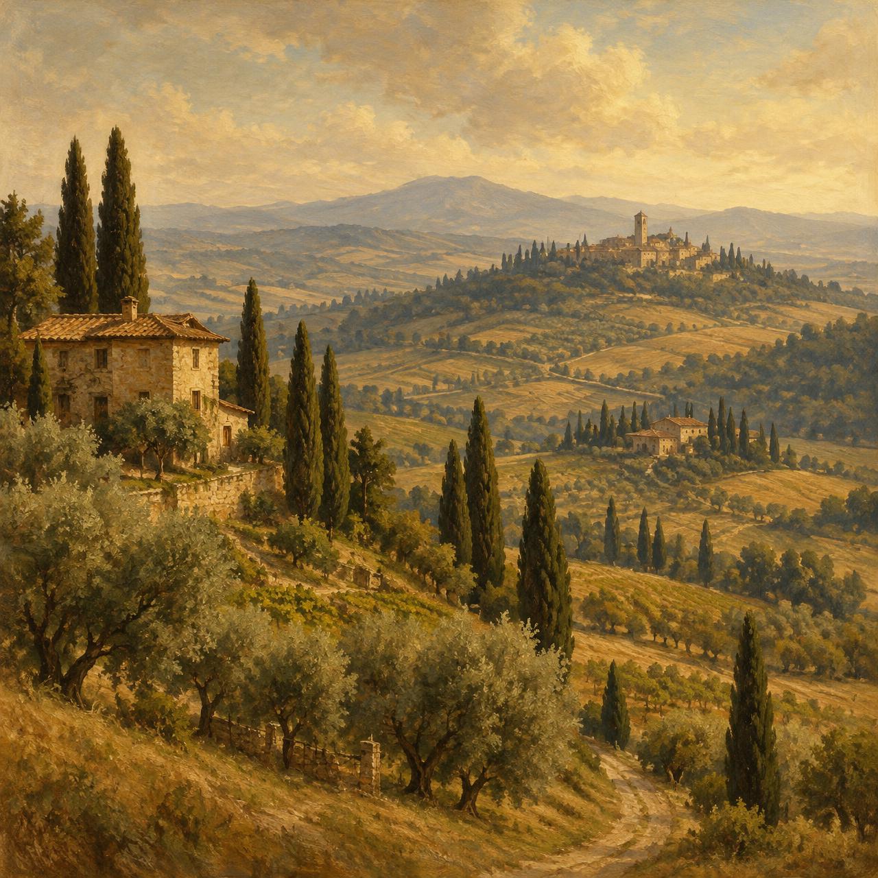 Keramisch tegeltableau met een Toscaans landschap met cypressen