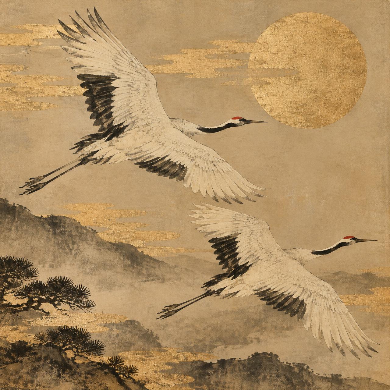 Keramisch tegeltableau met Japanse kraanvogels en een gouden zon