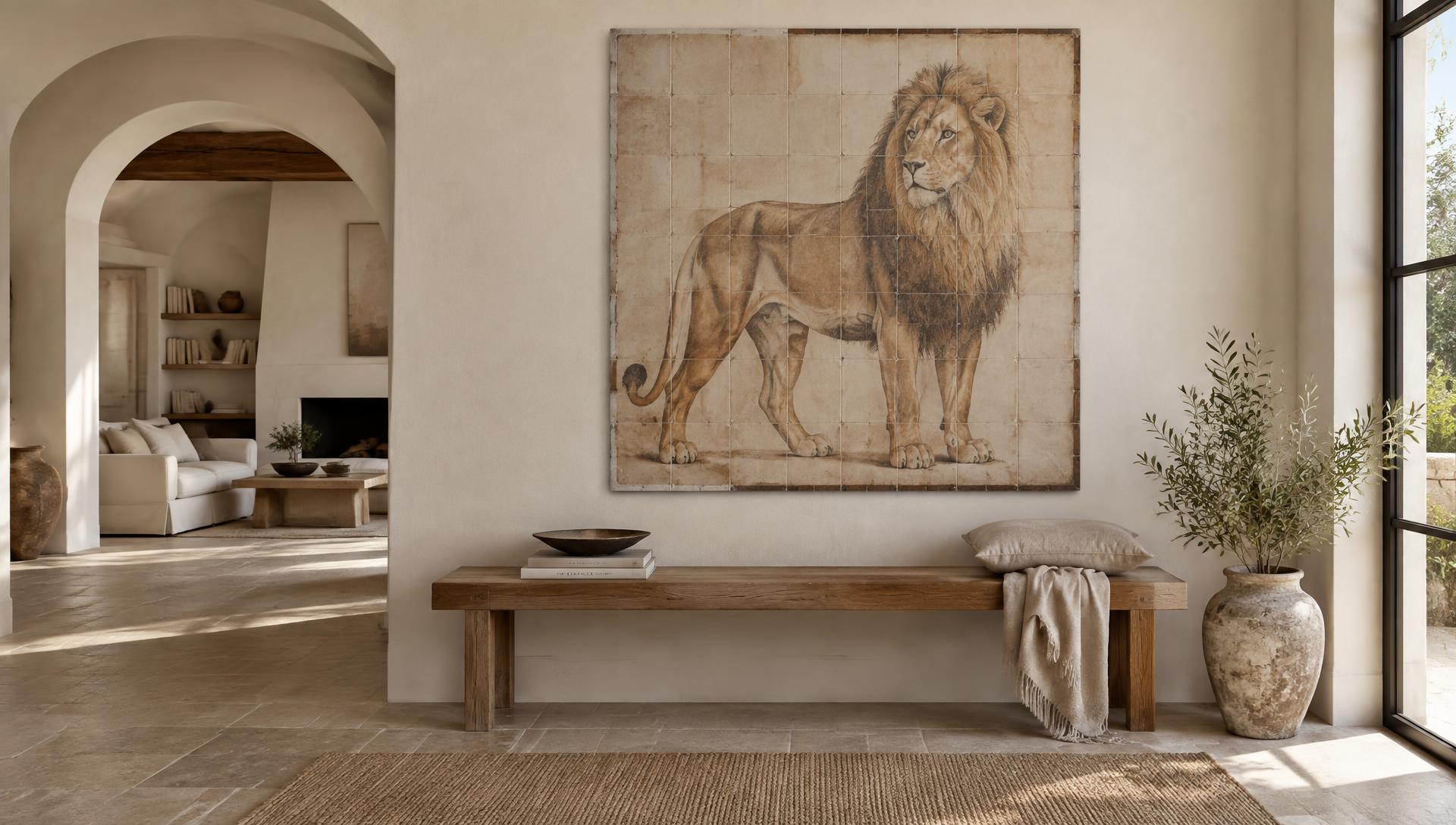 Interieur met een groot keramisch tegeltableau van een leeuw aan een kalkwand